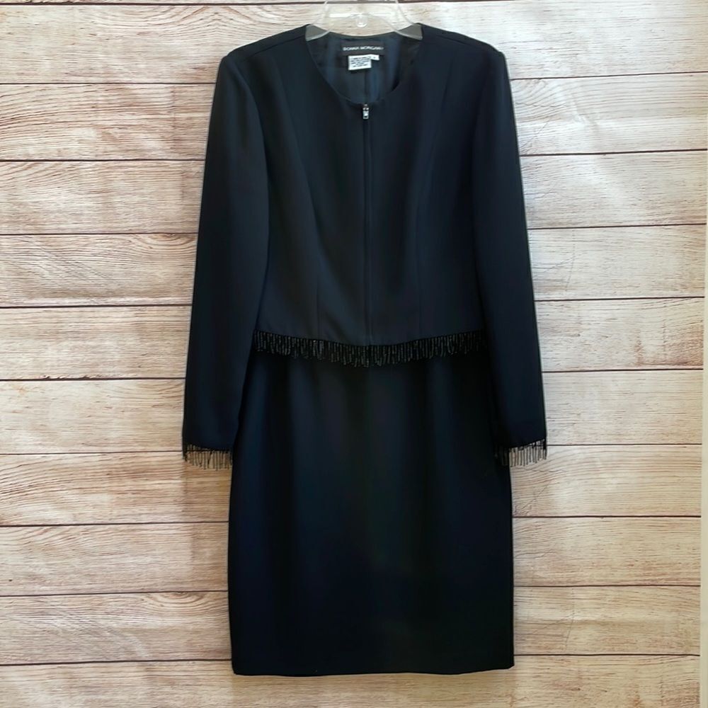VINTAGE DONNA MORGAN SKIRT SET WITH BEADED FRINGE BLAZER